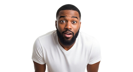 Fototapeta premium A surprised Black man with a beard stares directly at the viewer, mouth open.