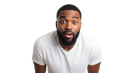 A surprised Black man with a beard stares directly at the viewer, mouth open.
