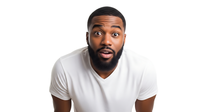 A surprised Black man with a beard stares directly at the viewer, mouth open.