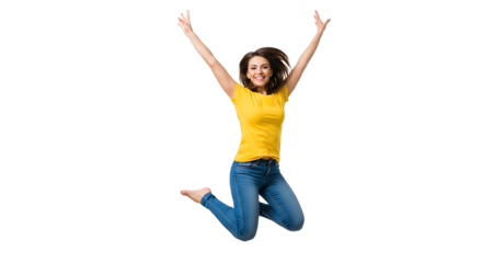 A smiling woman joyfully jumps in the air with arms raised, against a white background.