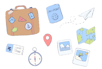 Travel clipart set. Suitcase, passport, map, airplane ticket and travel elements isolated on white.