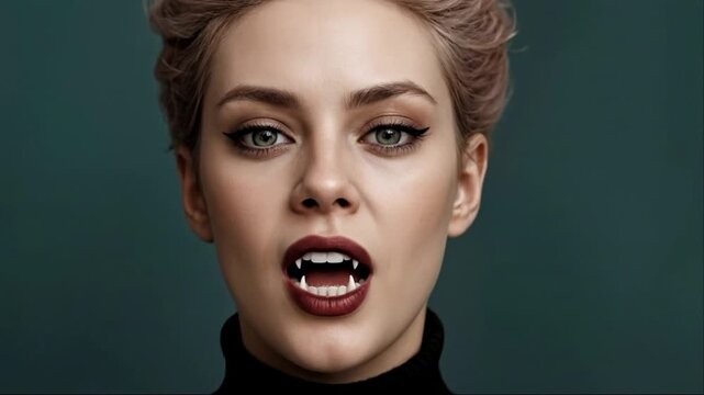 Vampire Woman with Soft Pink Hair and Green Eyes Revealing Fangs Close-Up