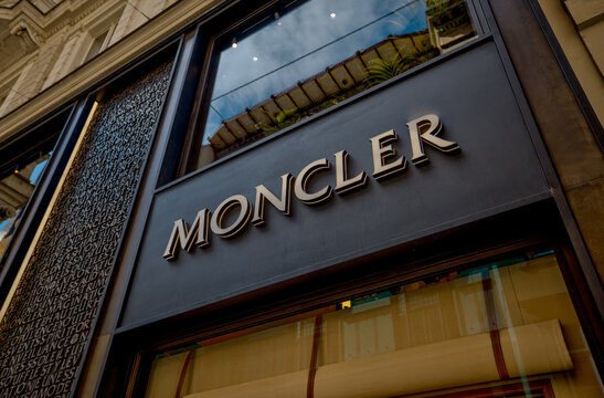 Vienna, Austria &ndash; August 1, 2025: The Moncler luxury boutique glows under soft golden light in Vienna&rsquo;s historic city center.
