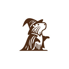 Creative logo design of cute capybara animal wearing wizard's hat and robe