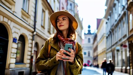 Prague, Czech Republic, Europe. A woman in a yellow hat and green jacket stands on a city street, holding a smartphone. She is wearing a red scarf and has a confident expression.