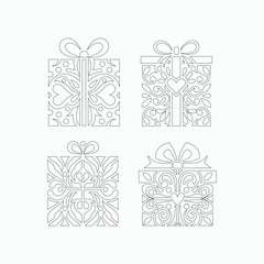 Decorative gift box vector set in floral ornamental outline style