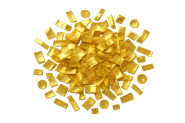 Gold confetti pieces and round glitter particles falling, flying on transparent background for party celebration festivity