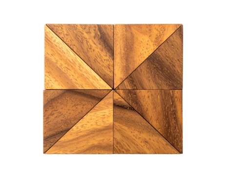 Abstract wooden square block with geometric pattern and transparent background
