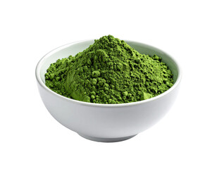 Bowl of green powder on white background
