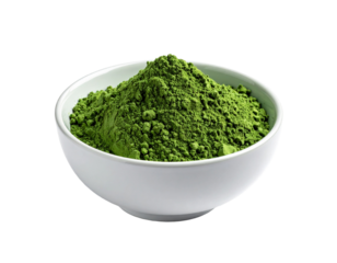 Bowl of green powder on white background