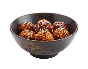 Close up of a ceramic bowl filled with roasted chestnuts on transparent background