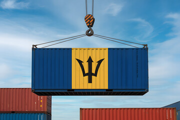 Barbados shipping container hoisted by crane against blue sky, global trade and import export concept