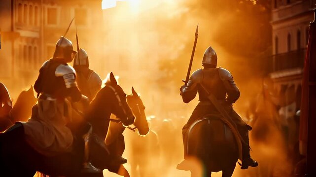 Prague, Czech Republic, Europe. A vivid portrayal of medieval knights on horseback, set against a backdrop of a cityscape during what appears to be a sunset or sunrise.