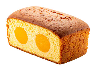 Freshly baked loaf of bread with two yellow eggs embedded on transparent background