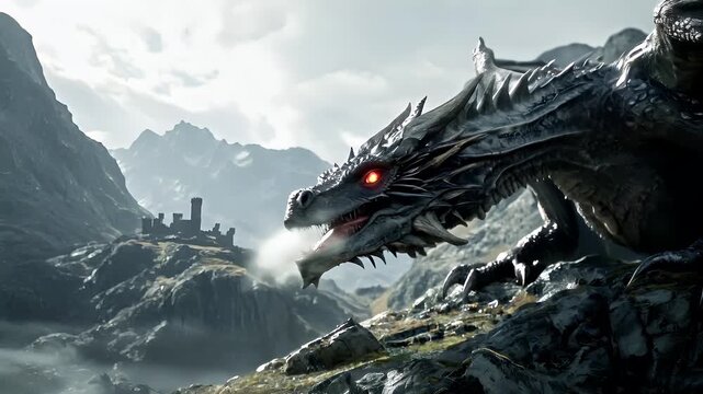A detailed, highresolution digital artwork of a dragon in a mountainous landscape. The dragon is depicted in a side profile, with its mouth open, revealing sharp teeth and piercing red eyes.
