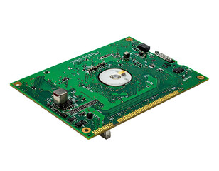 Green circuit board on transparent background technology and hardware concept