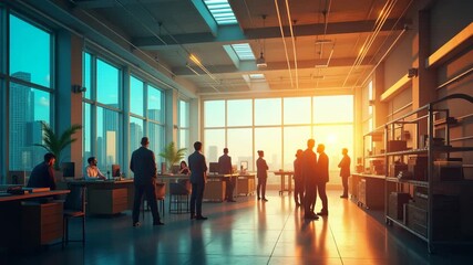 A visually engaging scene illustrating a collaborative workshop for zero carbon jobs, using leading lines to draw the eye, with ample copy space for advertising.