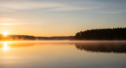 Fototapeta premium Peaceful sunrise over a calm lake with mist and pine trees, perfect for backgrounds, wellness themes, or nature-inspired designs.