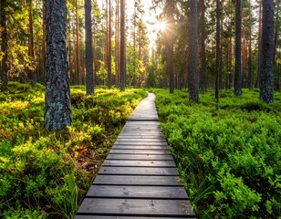 Obraz premium Wooden pathway through lush, vibrant forest bathed in sunlight