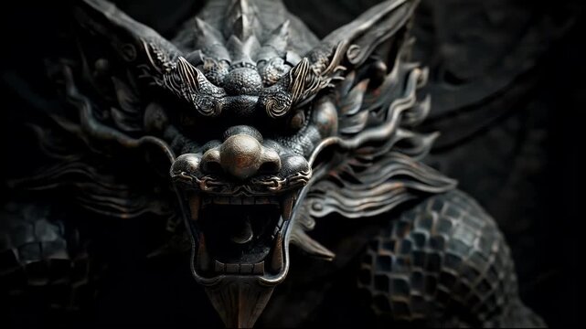 A closeup of a dragons head, showcasing intricate details and textures. The dragons eyes are closed, and its mouth is open, revealing sharp teeth. The sculpture is made of a dark material.