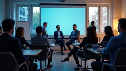 A professional seminar setting with individuals engaged in discussions about zero trust certification, emphasizing leadership and collaboration, featuring ample copy space for text.