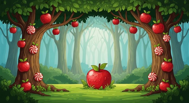 Enchanted Forest with a Giant Red Apple and Candy Canes.