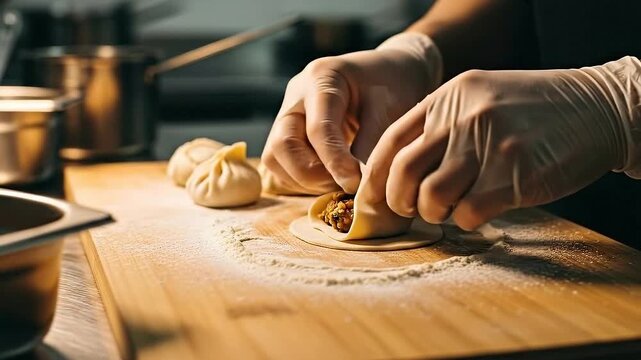 Chef Prepares Traditional Chinese Dumplings with Precision on a Wood Cutting Board, Powdered with Flour in Bright Studio Setting, Close Up View, Food Preparation and Culinary Art