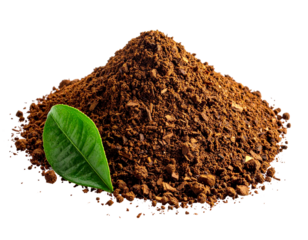 Pile of brown granules with a green leaf on transparent background