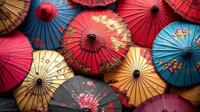 Chinese lunar new year Chunjie celebration concept. A closeup view of a vibrant array of colorful umbrellas, each with unique designs and patterns. The umbrellases are of various colors.