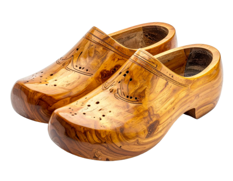 Pair of traditional wooden clogs isolated on transparent background