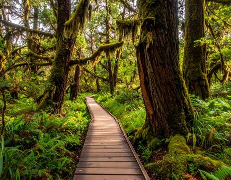 Wooden pathway winds through a lush, moss-draped evergreen forest