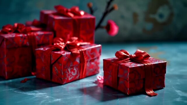 Chinese lunar new year Chunjie celebration concept. red gift boxes with floral patterns and ribbons on a blue surface with scattered petals and a blurred background.