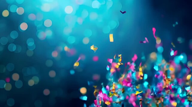Birthday holiday celebration decoration. A vibrant, abstract digital artwork featuring a myriad of multicolored confetti against a deep blue backdrop. - Powered by Adobe