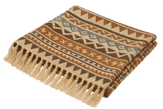 Folded bohemian ethnic print blanket with fringe