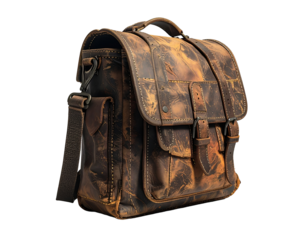 Vintage leather messenger bag with transparent background