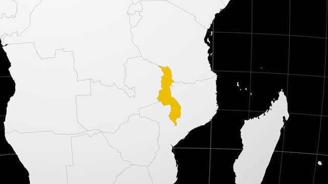 Malawi map. Animated zoom into the country on the Globe in Black White color palette. Country logo animation. Map with meridians, parallels. Stylish video.