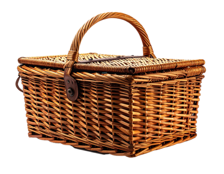 Wicker basket with handle isolated on transparent background