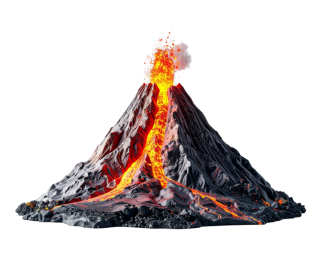 Volcano erupting with bright flames on a transparent background
