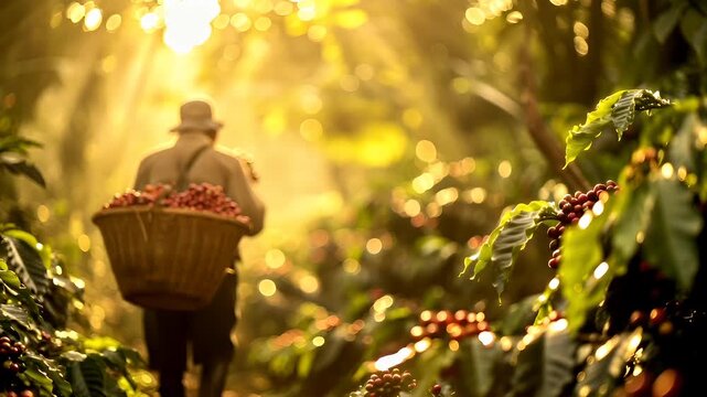 A man carries a basket of freshly picked coffee cherries amidst a lush forest. The scene is bathed in a warm, golden light, highlighting the rich red hue of the cherries.