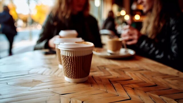 A closeup shot of a wooden table with a cup of coffee on it. The cup is white with a brown lid and has a striped pattern on its surface. The background is blurred.