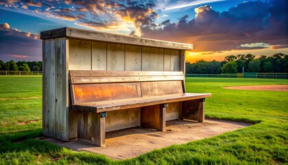 Wooden dugout bench on a green field with a vibrant sunset sky