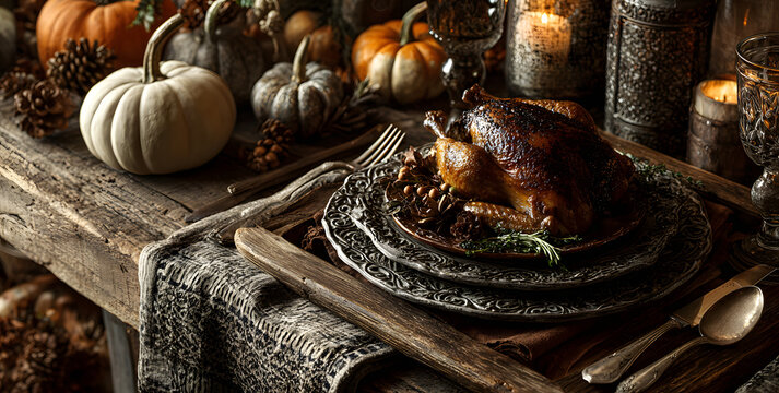 Turkey - Thanksgiving Celebration - Table Setting With Silverware And Autumnal Decoration On Wooden Plank