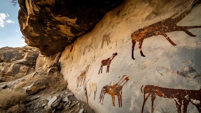 Aboriginal cave paintings of deer and giraffes on a cliffside. The artwork is characterized by a rustic, earthy color palette with browns, oranges, and grays. The deer are depicted in various poses.