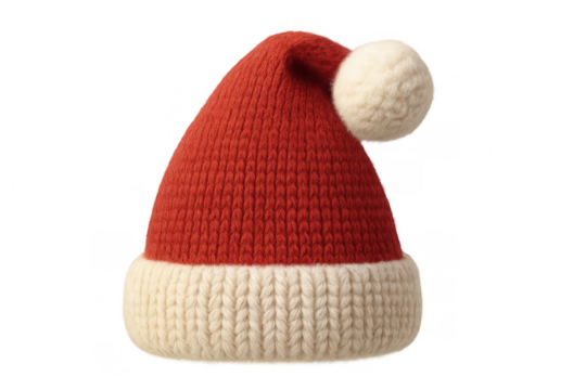 Red knitted santa hat with white pom-pom and cuff on transparent background, holiday season fashion accessory