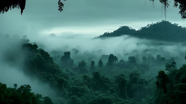Aerial view of dense forest with misty atmosphere and mountains in the distance, framed by a cave entrance.