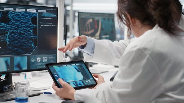 Laboratory manager and trainee using tablet app to process DNA patient data for clinical research. Lab team leader and intern use device to do lab genetic analysis diagnostics, camera B