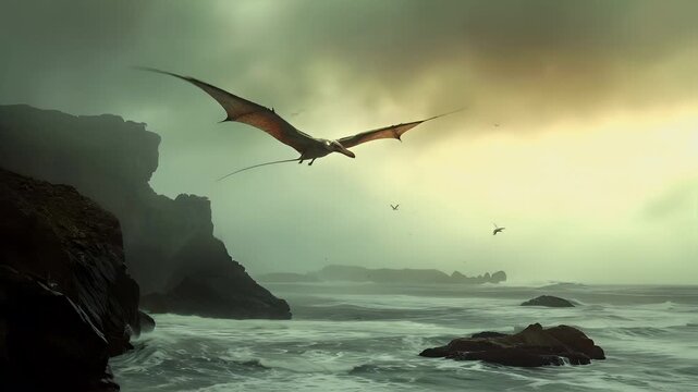 pterodactyl in flight over rocky terrain with serene ocean backdrop.