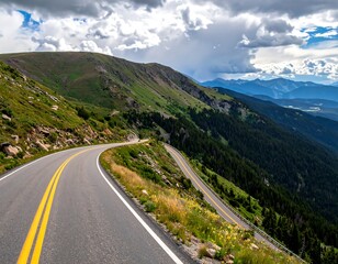 Naklejka premium Winding asphalt road climbs a mountain side, framed by lush green slopes
