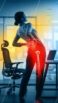 Businesswoman experiencing intense back and leg pain from prolonged sitting, highlighting office ergonomics issues.