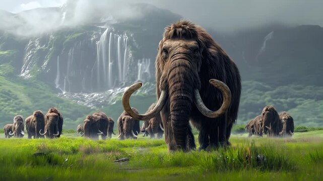 A vivid portrayal of a mammoth in a natural setting with a waterfall in the background. The mammoth is prominently featured in the foreground, with its thick, wavy fur and large, curved tusks.